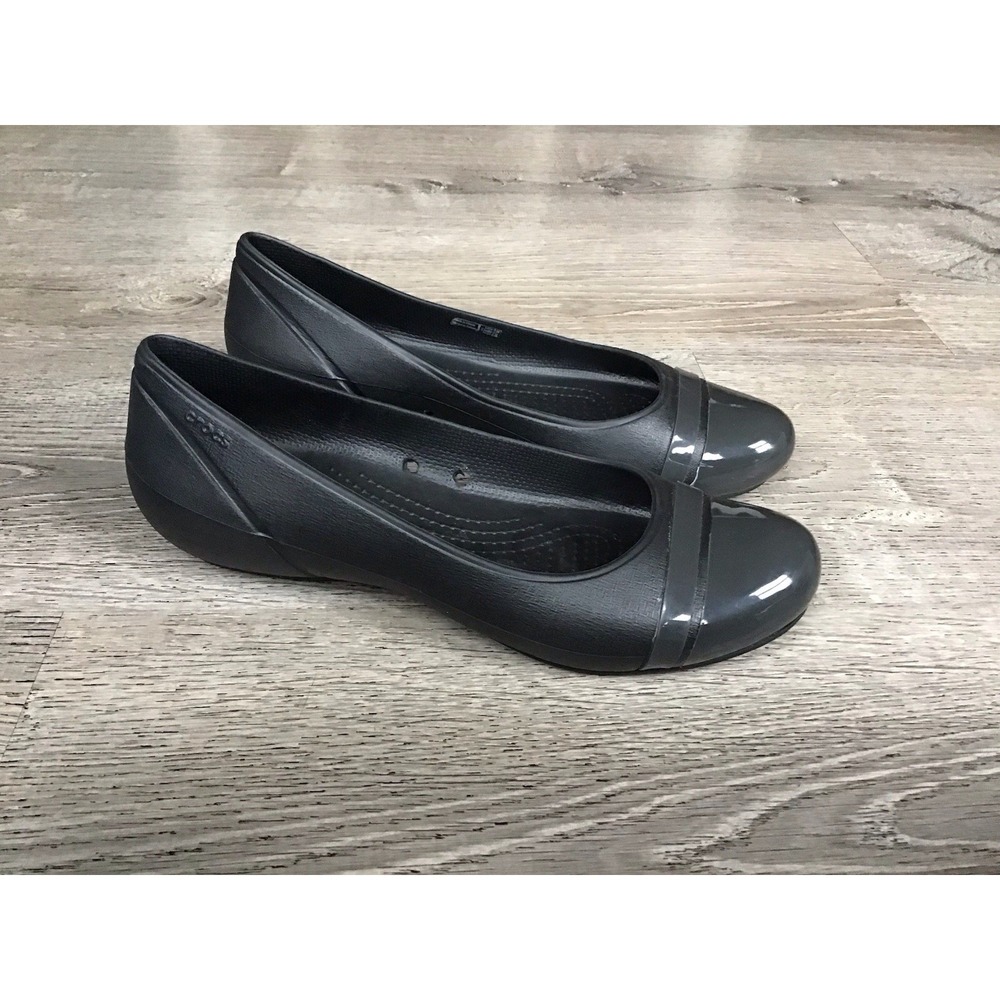 Crocs Cap Toe Flat 12300 Black Patent Shiny Ballet Flats Women's Size 10